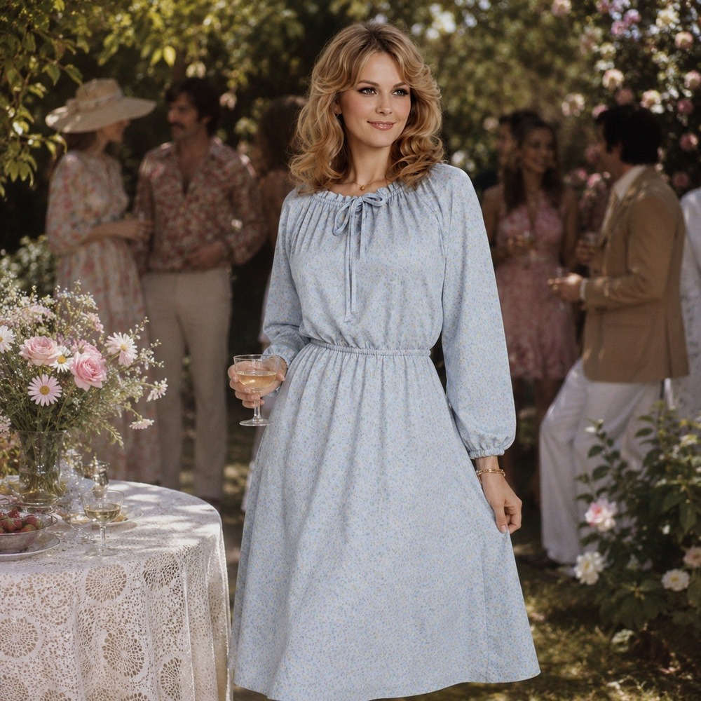Vintage‎ 1970s Blue Ditzy Floral Long Sleeve Midi Dress
